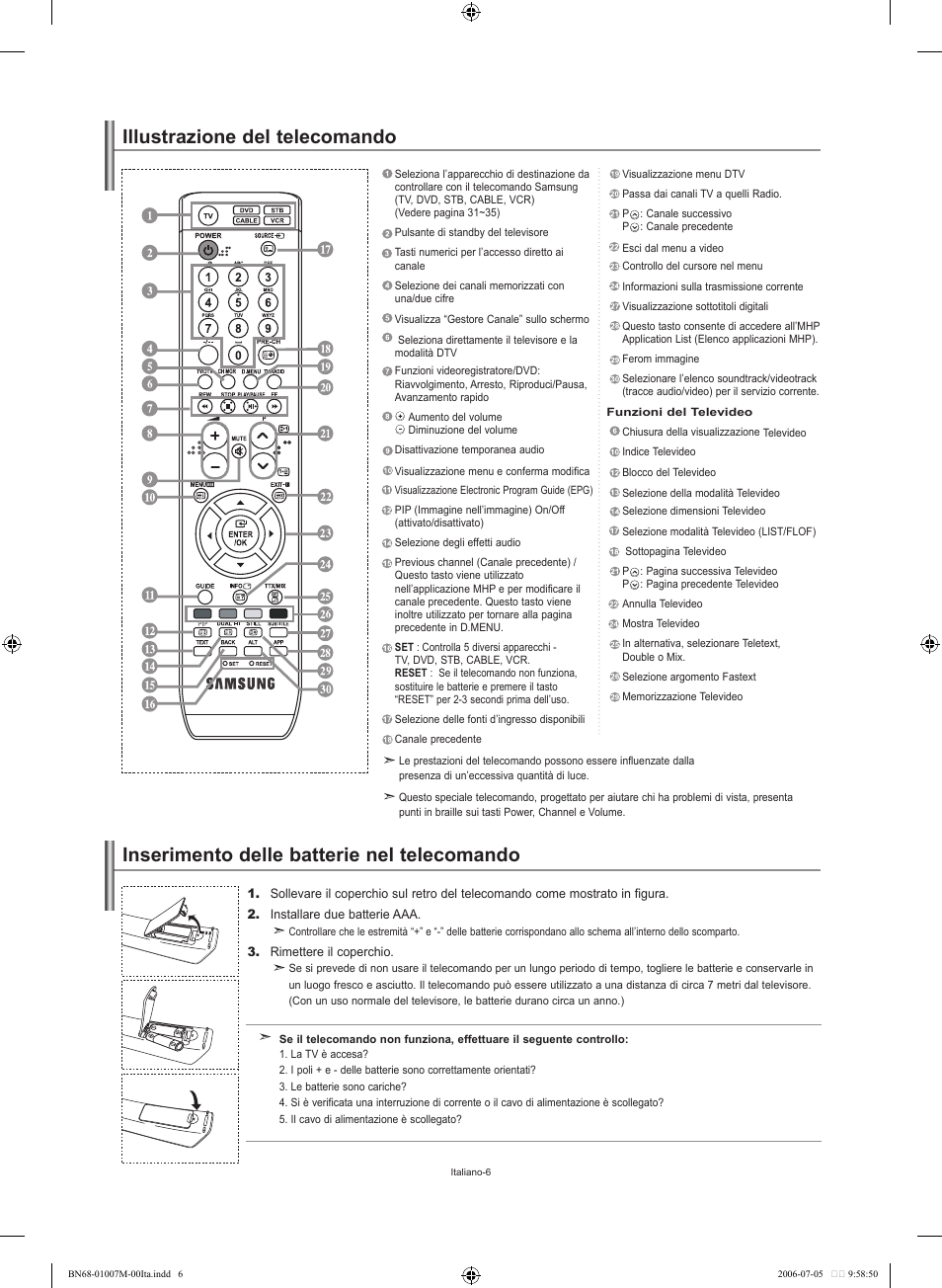 Illustrazione del telecomando, Inserimento delle batterie nel telecomando | Samsung LE32S74BD User Manual | Page 48 / 125