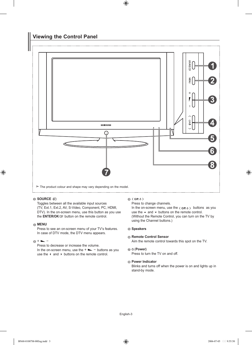 Viewing the control panel | Samsung LE32S74BD User Manual | Page 5 / 125