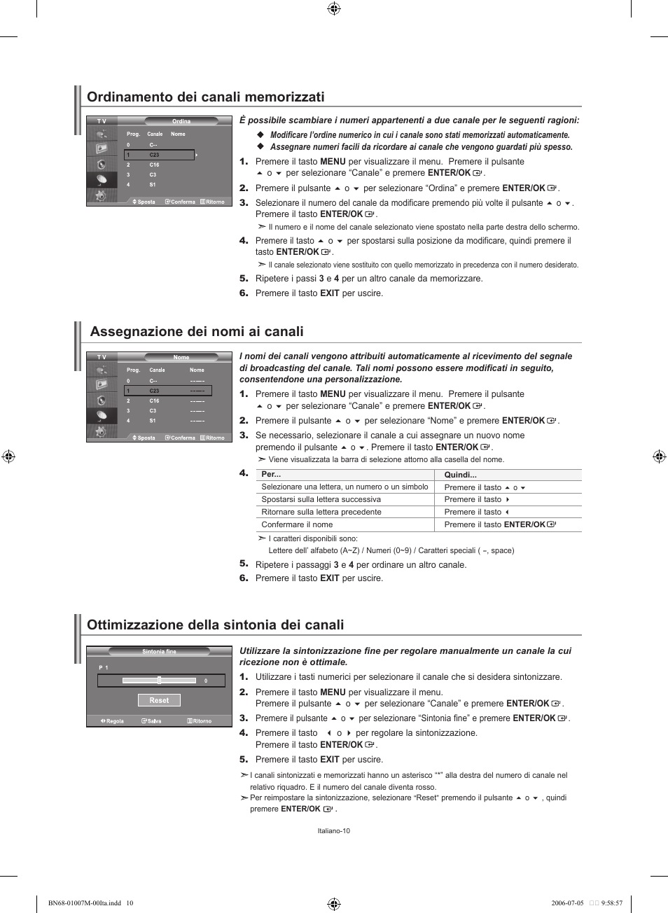 Ottimizzazione della sintonia dei canali, Assegnazione dei nomi ai canali | Samsung LE32S74BD User Manual | Page 52 / 125