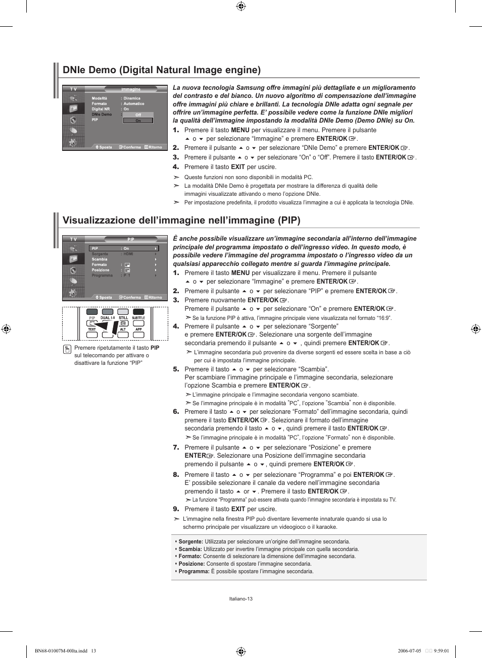 Dnie demo (digital natural image engine), Visualizzazione dell’immagine nell’immagine (pip) | Samsung LE32S74BD User Manual | Page 55 / 125