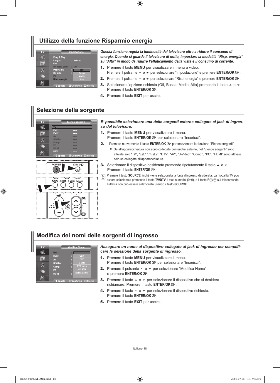 Modifica dei nomi delle sorgenti di ingresso | Samsung LE32S74BD User Manual | Page 60 / 125