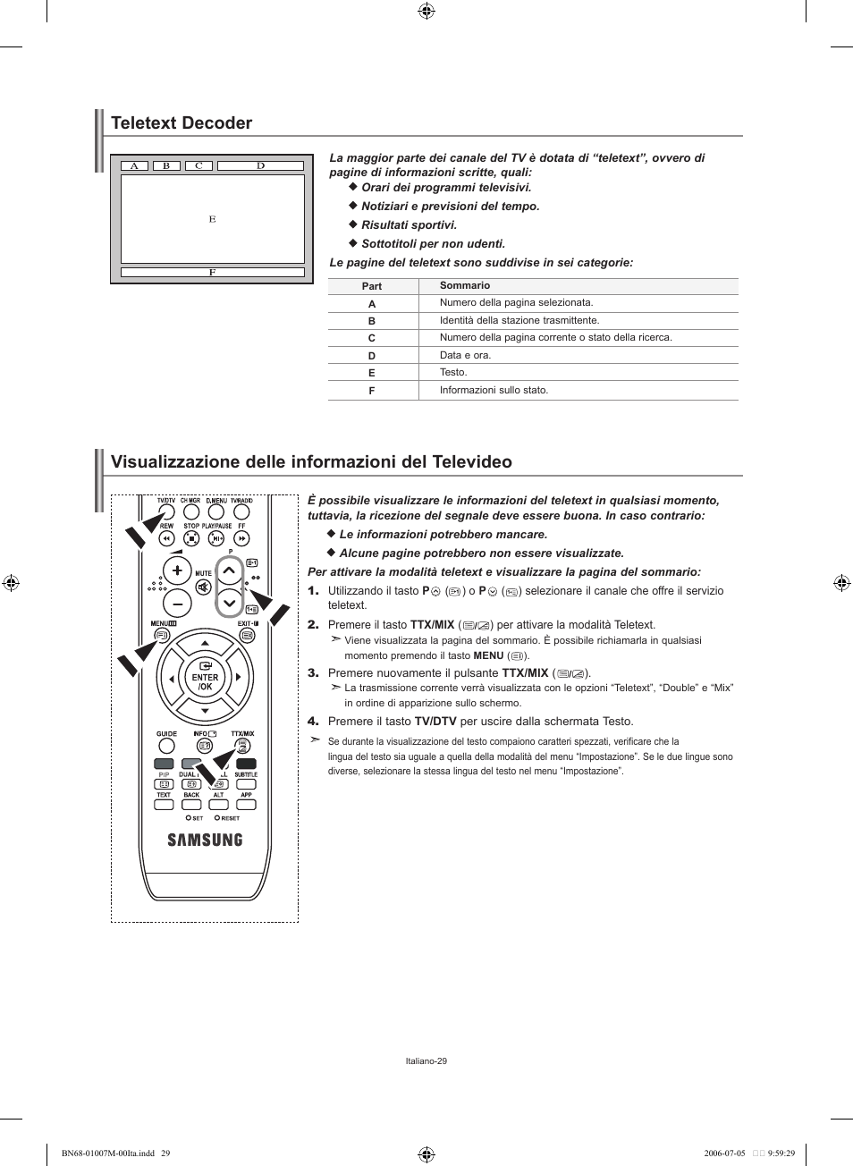 Teletext decoder, Visualizzazione delle informazioni del televideo | Samsung LE32S74BD User Manual | Page 71 / 125