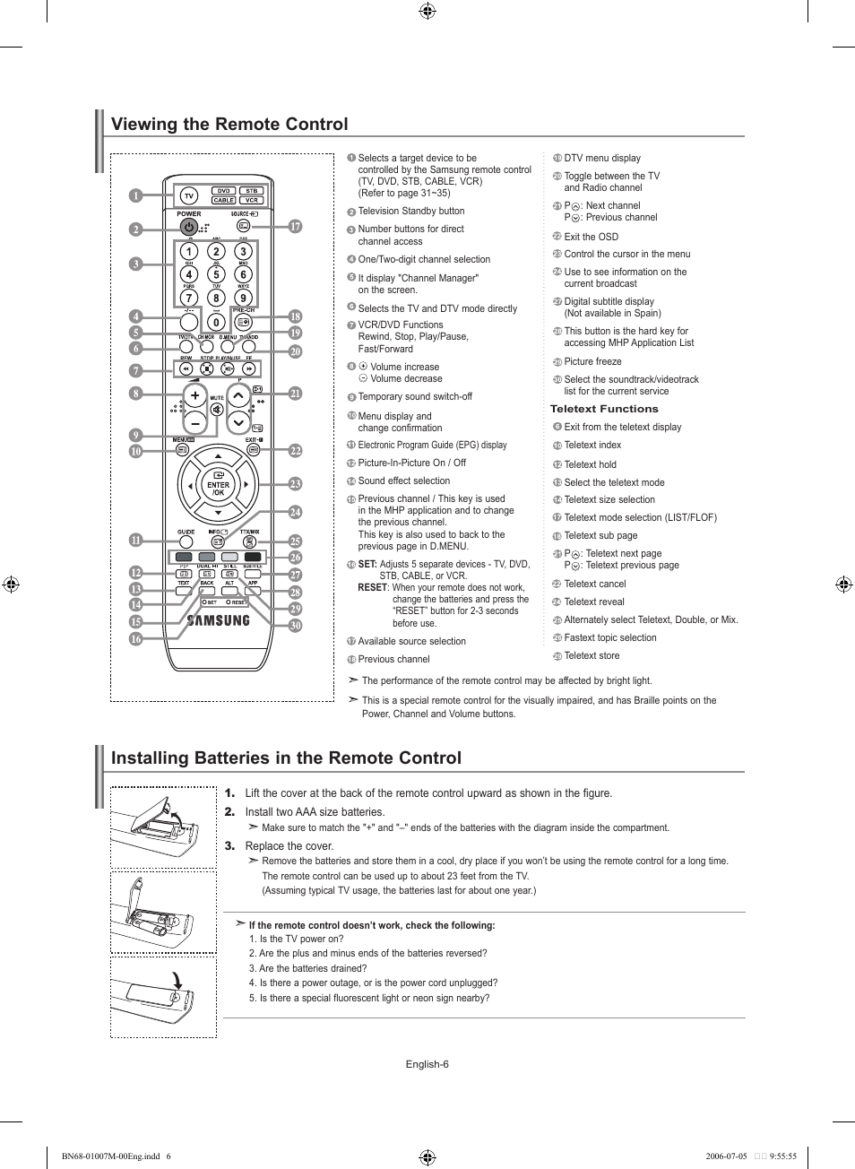 Viewing the remote control, Installing batteries in the remote control | Samsung LE32S74BD User Manual | Page 8 / 125