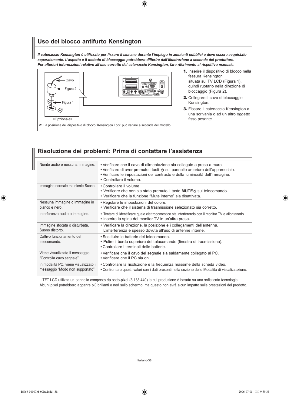 Uso del blocco antifurto kensington | Samsung LE32S74BD User Manual | Page 80 / 125
