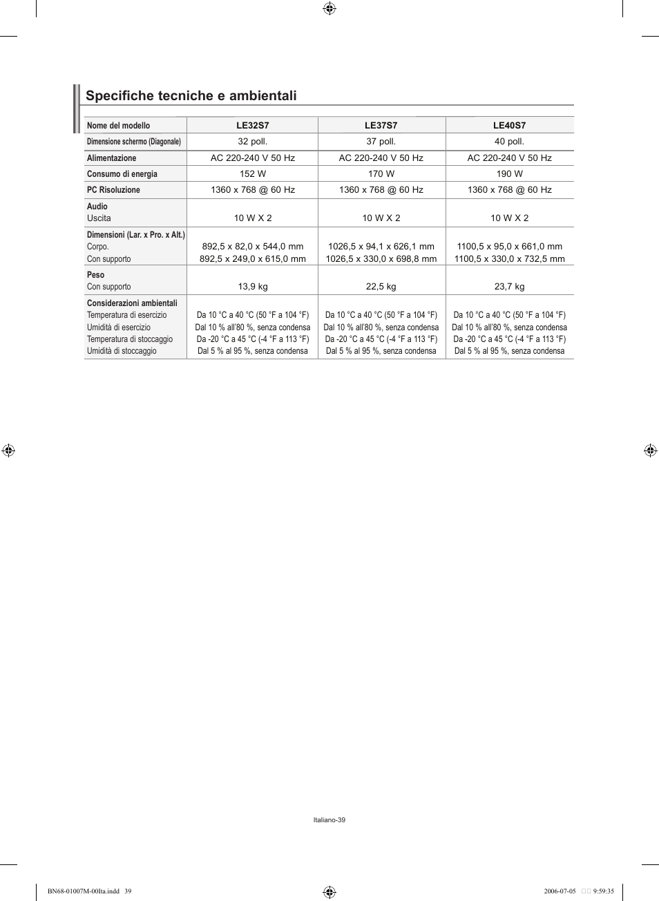 Specifiche tecniche e ambientali | Samsung LE32S74BD User Manual | Page 81 / 125