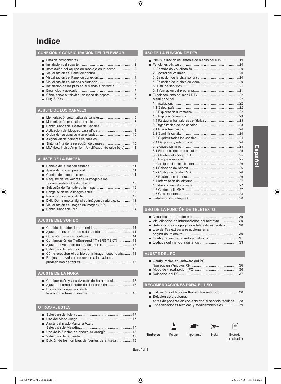 Indice, Español | Samsung LE32S74BD User Manual | Page 85 / 125