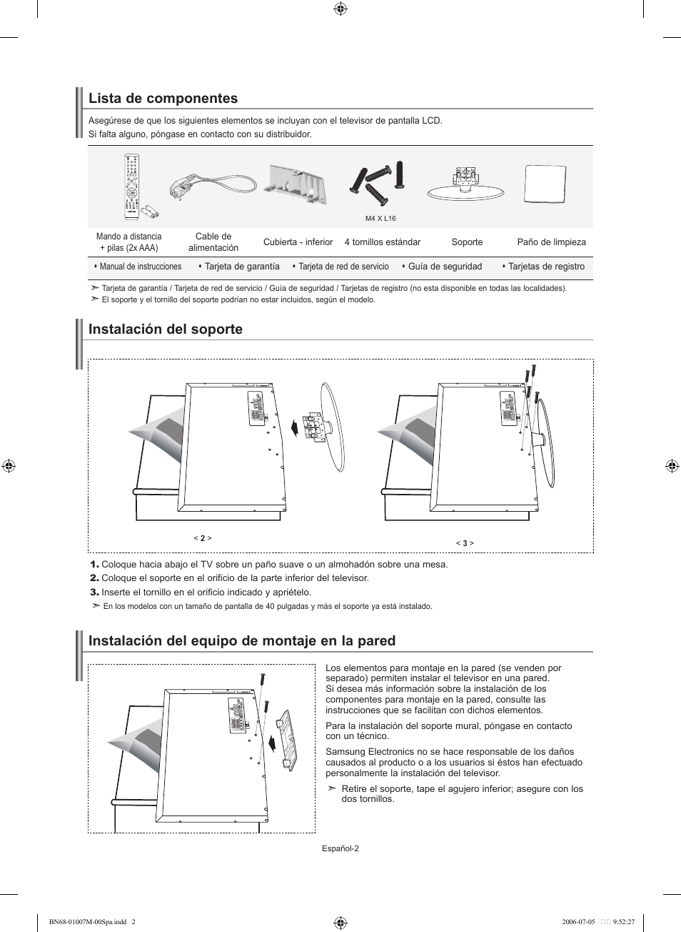 Lista de componentes, Instalación del soporte, Instalación del equipo de montaje en la pared | Samsung LE32S74BD User Manual | Page 86 / 125