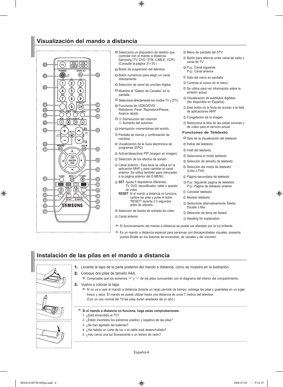 Visualización del mando a distancia, Instalación de las pilas en el mando a distancia | Samsung LE32S74BD User Manual | Page 90 / 125