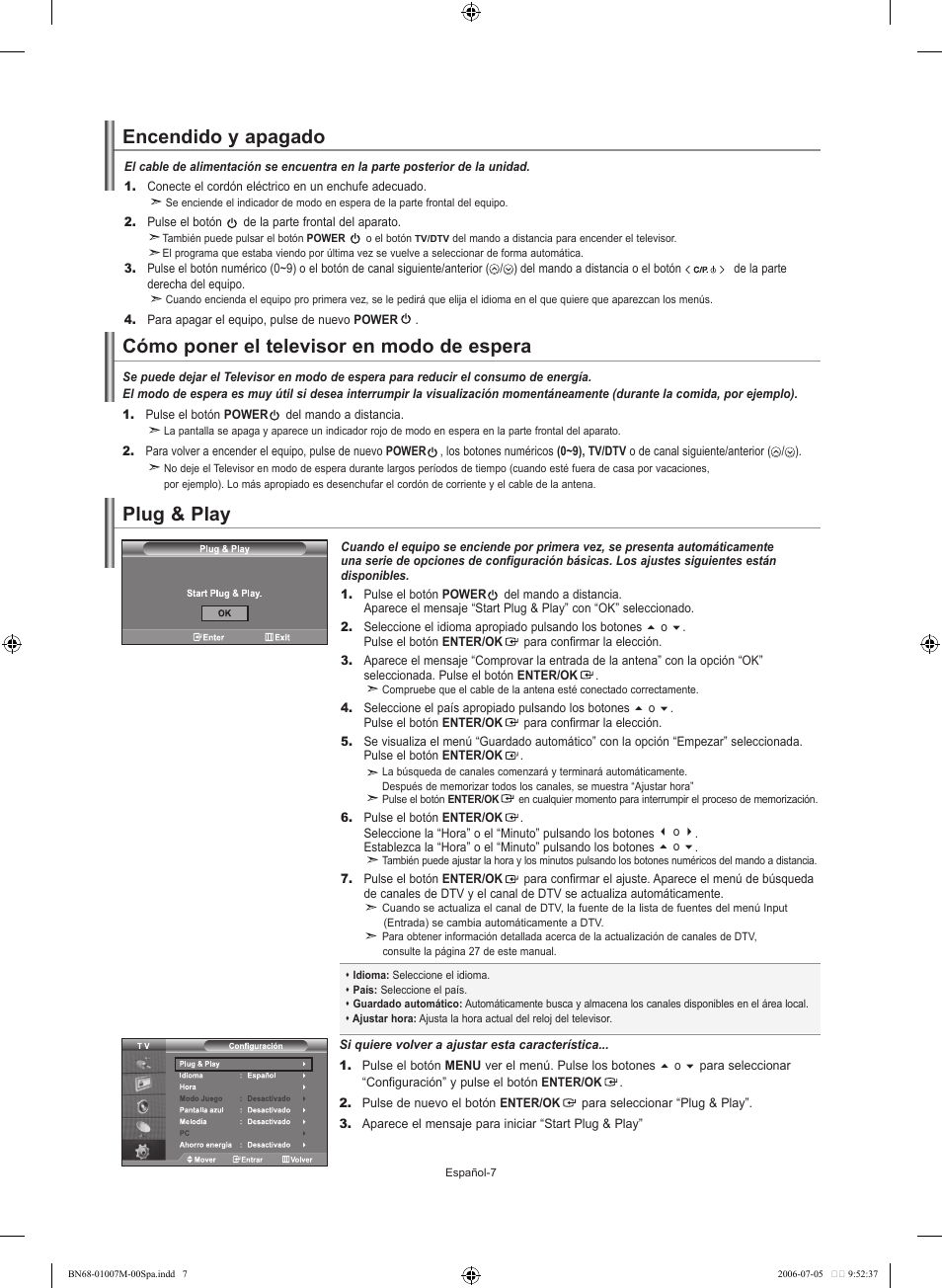 Encendido y apagado, Cómo poner el televisor en modo de espera, Plug & play | Samsung LE32S74BD User Manual | Page 91 / 125