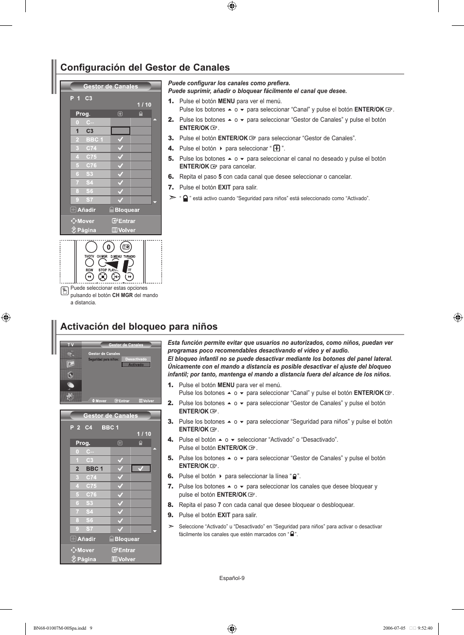 Configuración del gestor de canales, Activación del bloqueo para niños | Samsung LE32S74BD User Manual | Page 93 / 125