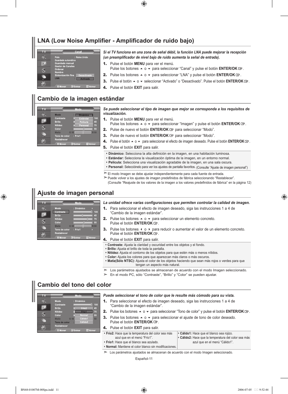 Cambio de la imagen estándar, Ajuste de imagen personal, Cambio del tono del color | Samsung LE32S74BD User Manual | Page 95 / 125