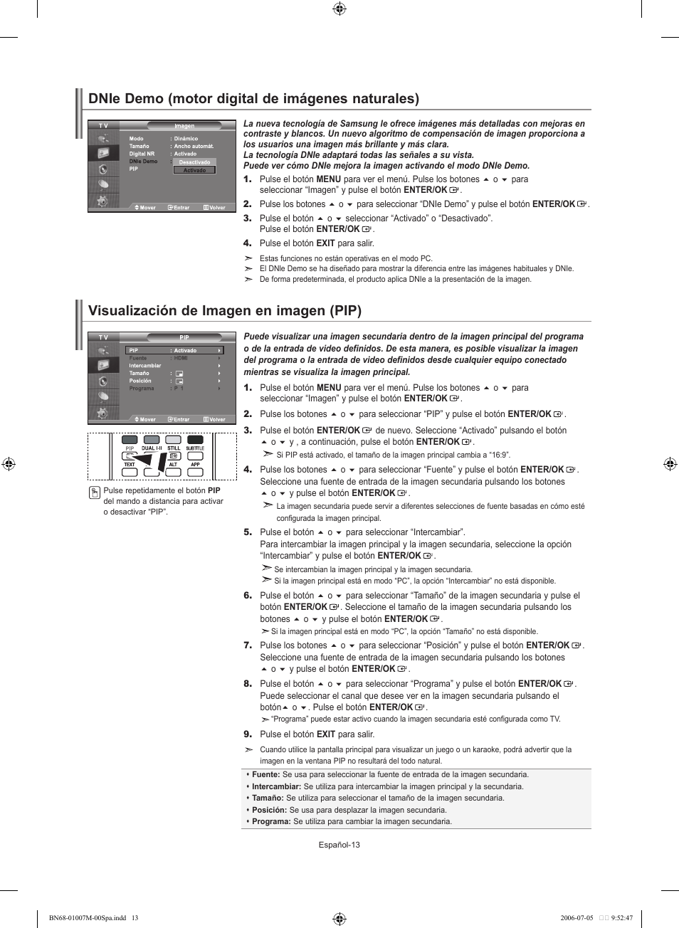 Dnie demo (motor digital de imágenes naturales), Visualización de imagen en imagen (pip) | Samsung LE32S74BD User Manual | Page 97 / 125
