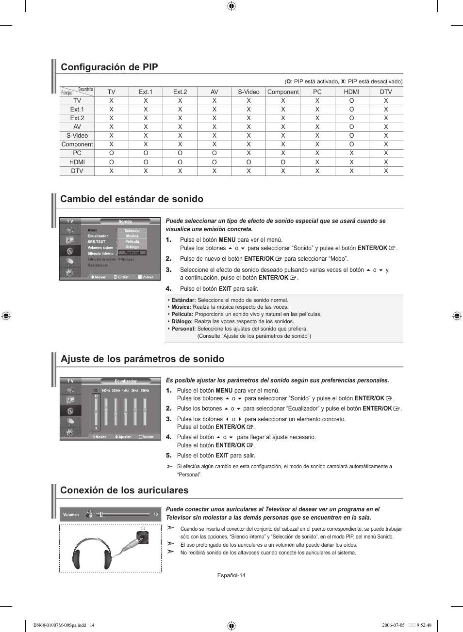 Cambio del estándar de sonido, Ajuste de los parámetros de sonido, Configuración de pip | Conexión de los auriculares | Samsung LE32S74BD User Manual | Page 98 / 125