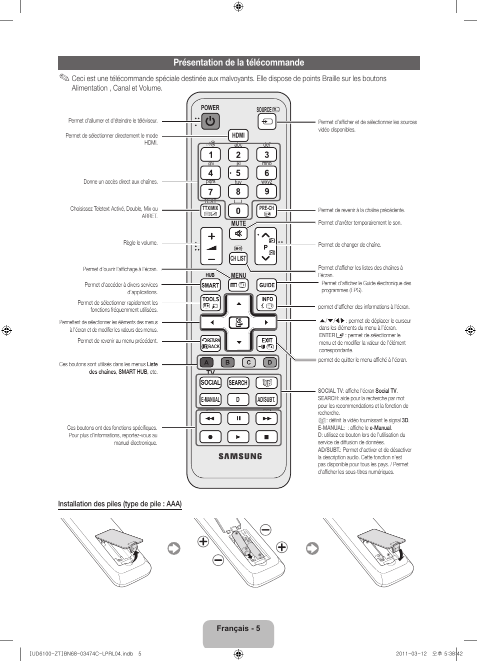 Présentation de la télécommande | Samsung UE55D6100SP User Manual | Page 47 / 86