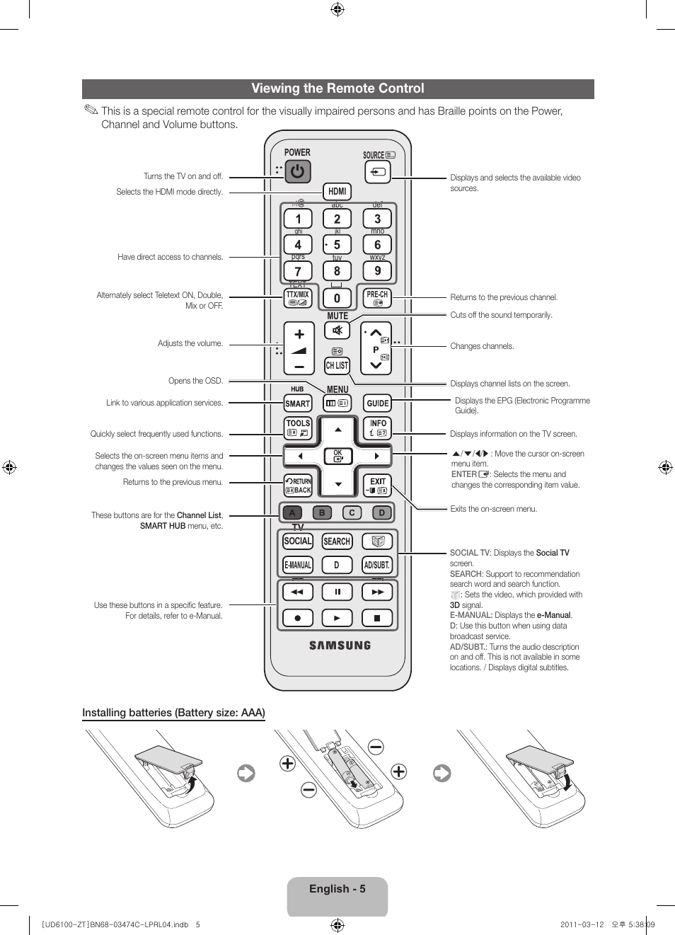 Viewing the remote control | Samsung UE55D6100SP User Manual | Page 5 / 86