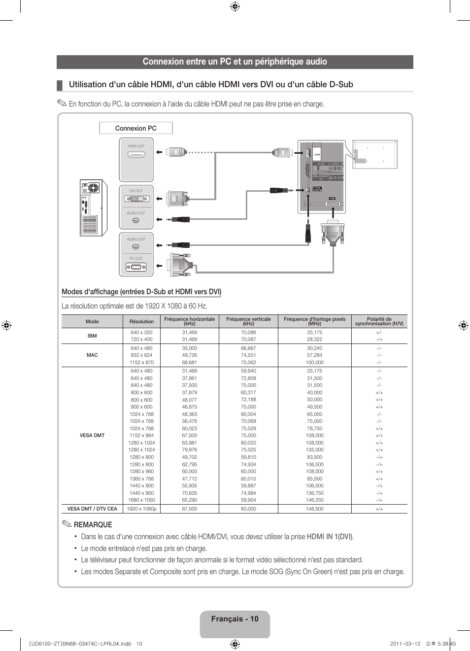 Connexion entre un pc et un périphérique audio | Samsung UE55D6100SP User Manual | Page 52 / 86