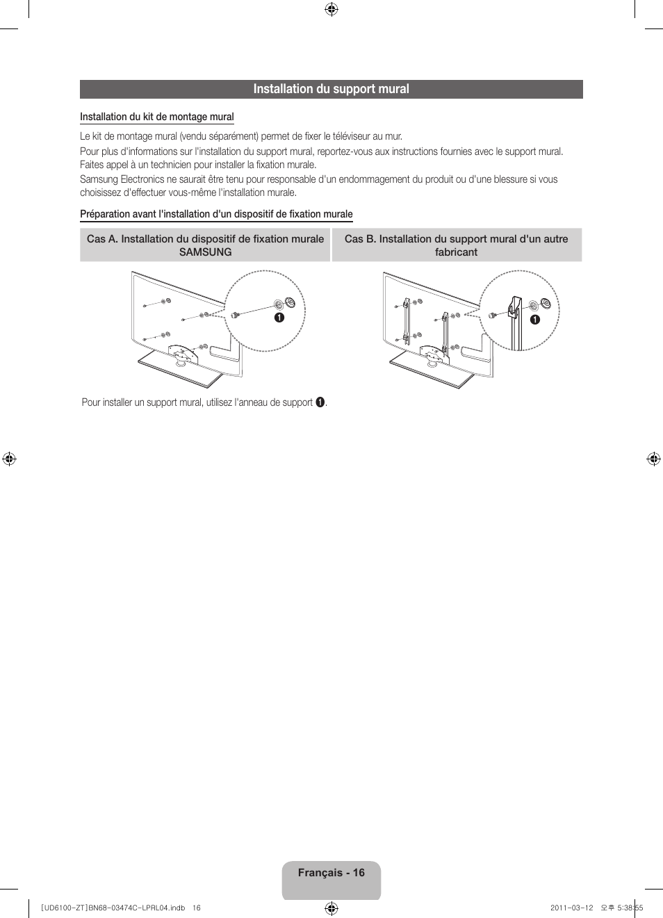 Installation du support mural | Samsung UE55D6100SP User Manual | Page 58 / 86