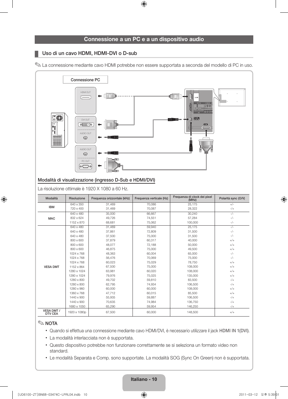 Connessione a un pc e a un dispositivo audio, Uso di un cavo hdmi, hdmi-dvi o d-sub | Samsung UE55D6100SP User Manual | Page 74 / 86