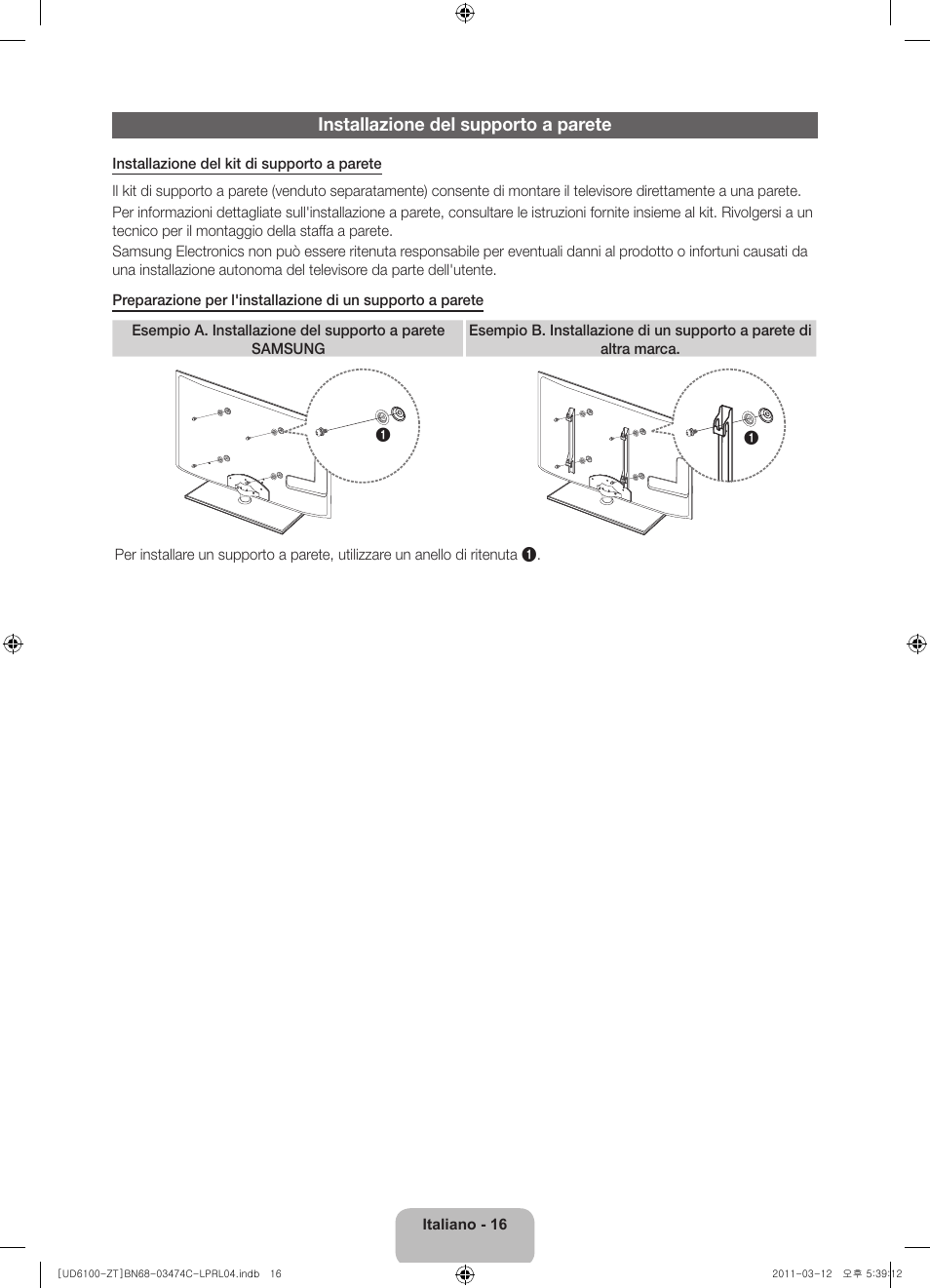 Installazione del supporto a parete | Samsung UE55D6100SP User Manual | Page 80 / 86