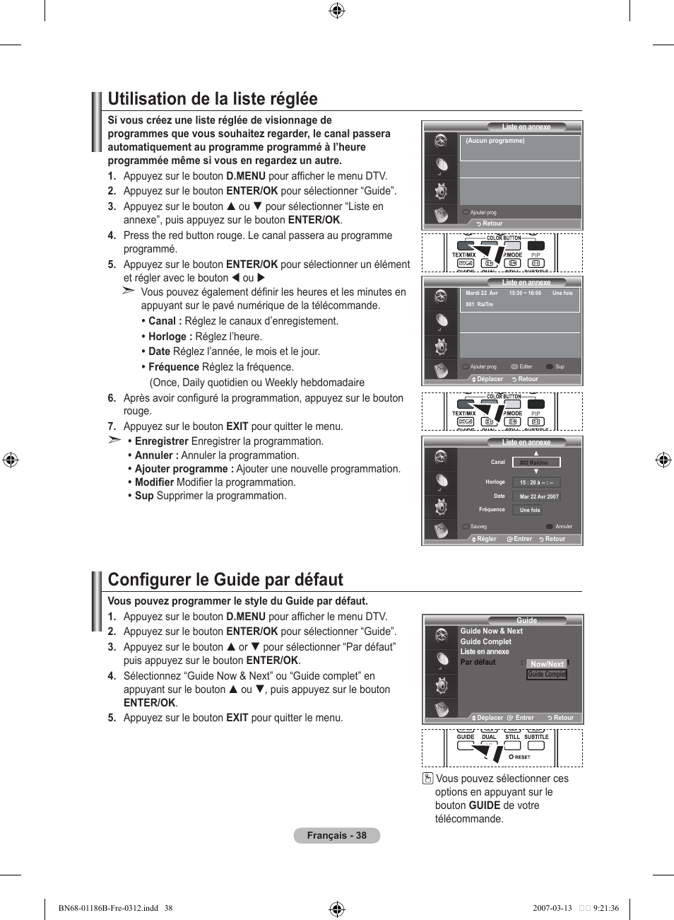 Utilisation de la liste réglée, Configurer le guide par défaut | Samsung LE52M87BD User Manual | Page 102 / 498