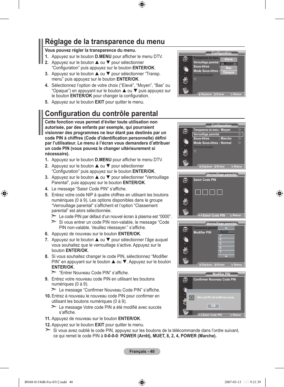 Réglage de la transparence du menu, Configuration du contrôle parental | Samsung LE52M87BD User Manual | Page 104 / 498