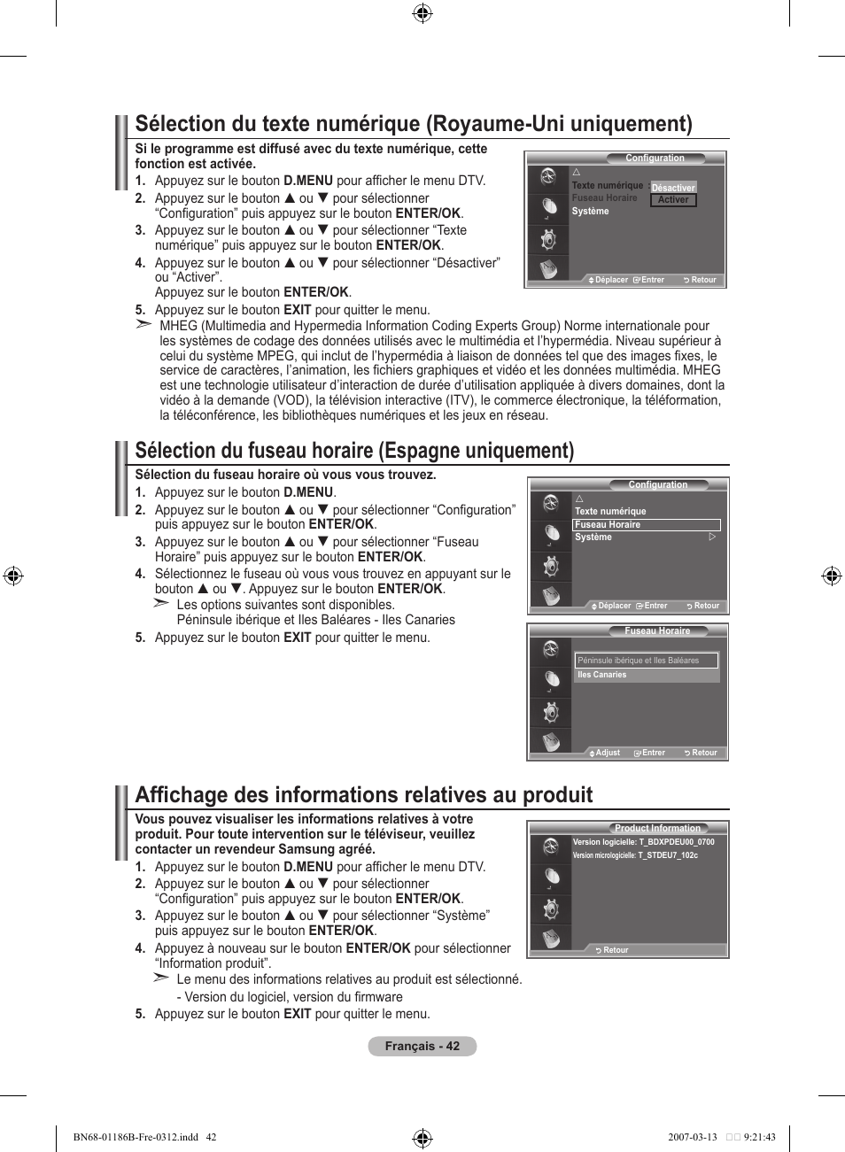 Sélection du fuseau horaire (espagne uniquement), Affichage des informations relatives au produit | Samsung LE52M87BD User Manual | Page 106 / 498