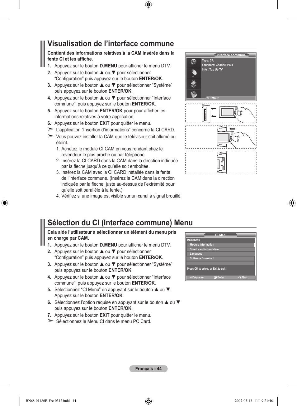 Visualisation de l’interface commune, Sélection du ci (interface commune) menu | Samsung LE52M87BD User Manual | Page 108 / 498