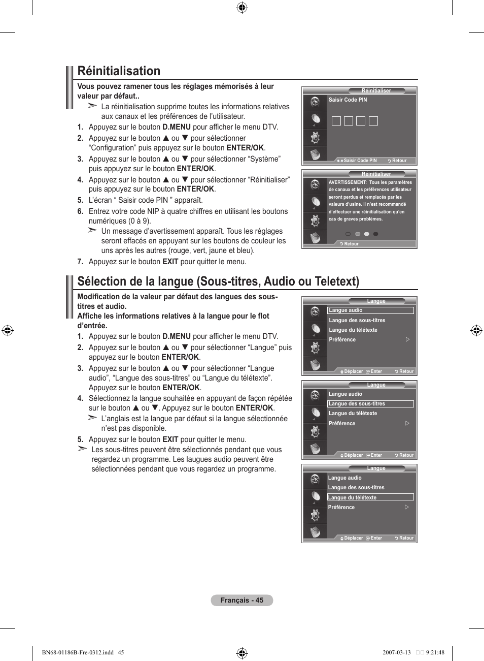 Réinitialisation | Samsung LE52M87BD User Manual | Page 109 / 498