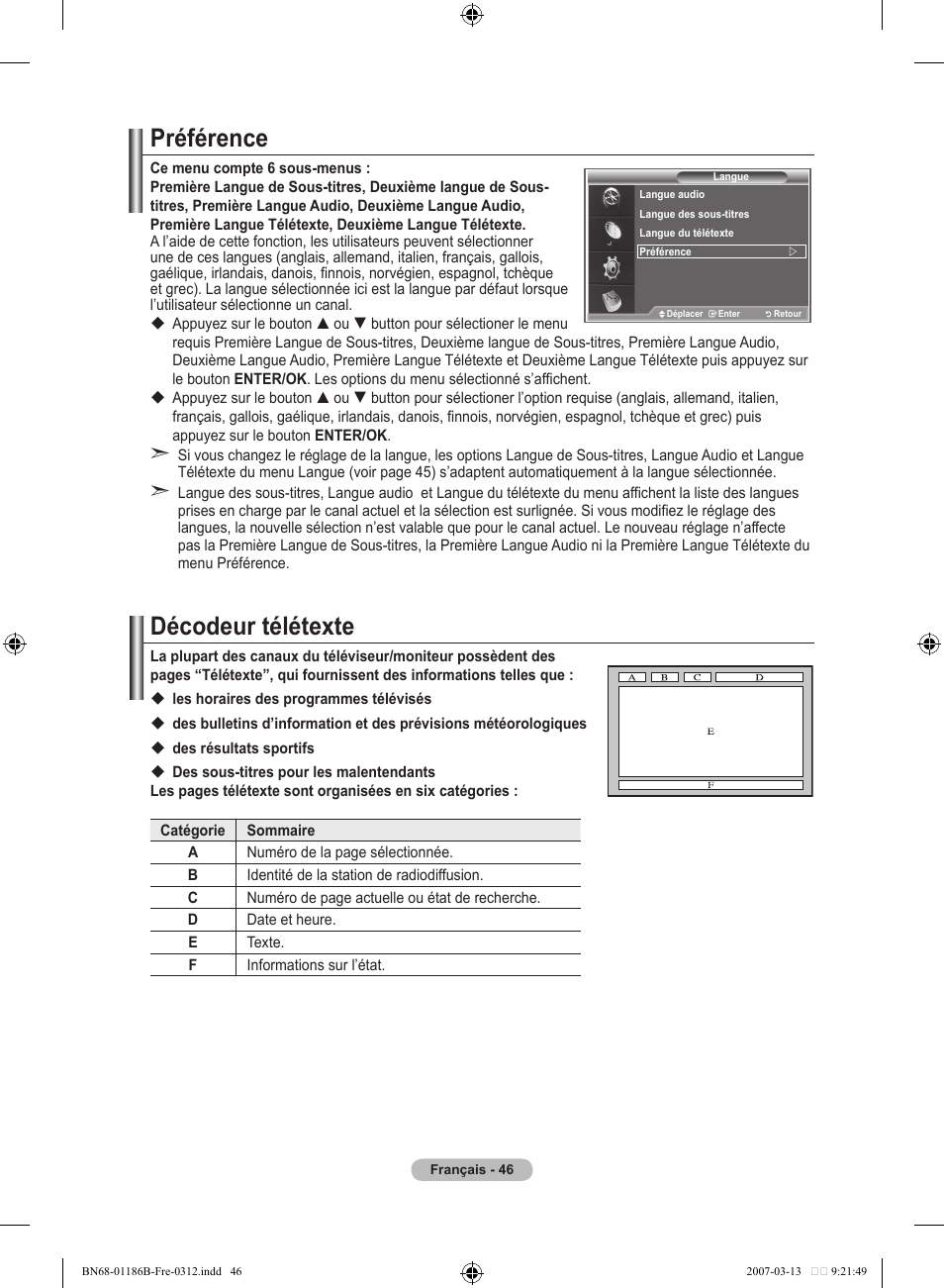 Préférence, Décodeur télétexte | Samsung LE52M87BD User Manual | Page 110 / 498