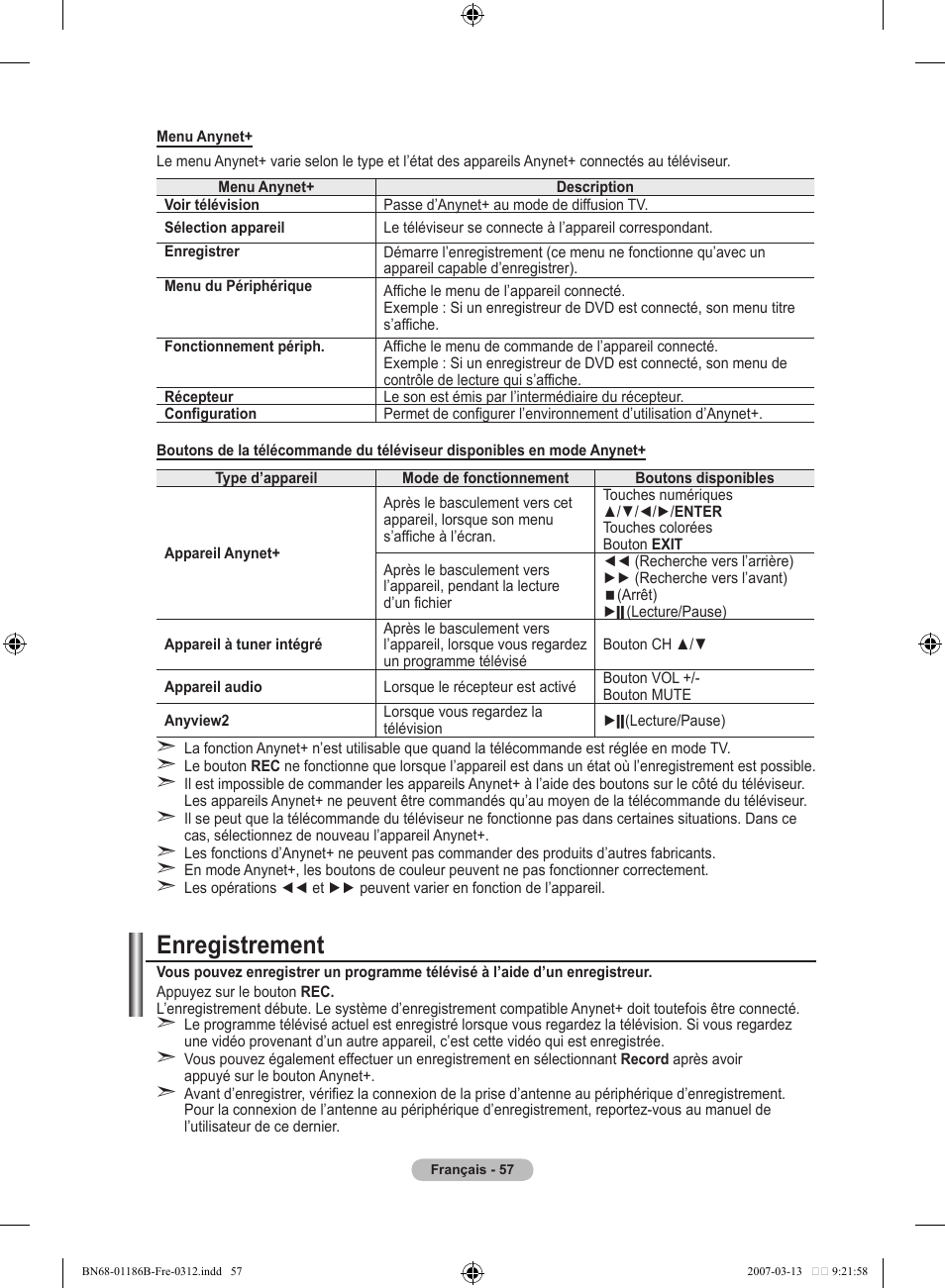 Enregistrement | Samsung LE52M87BD User Manual | Page 121 / 498