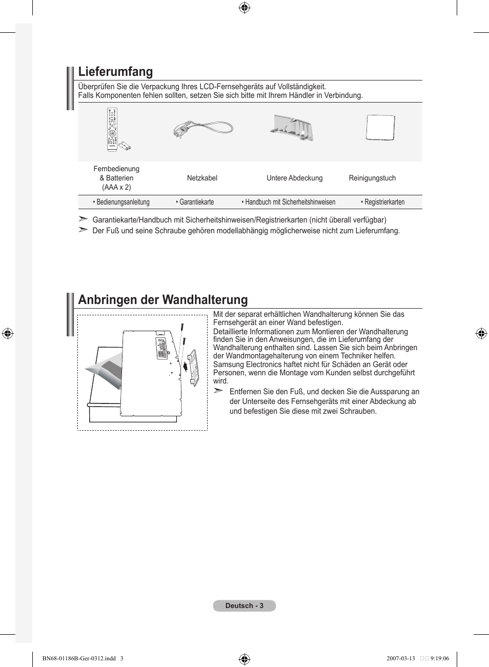 Lieferumfang, Anbringen der wandhalterung | Samsung LE52M87BD User Manual | Page 129 / 498