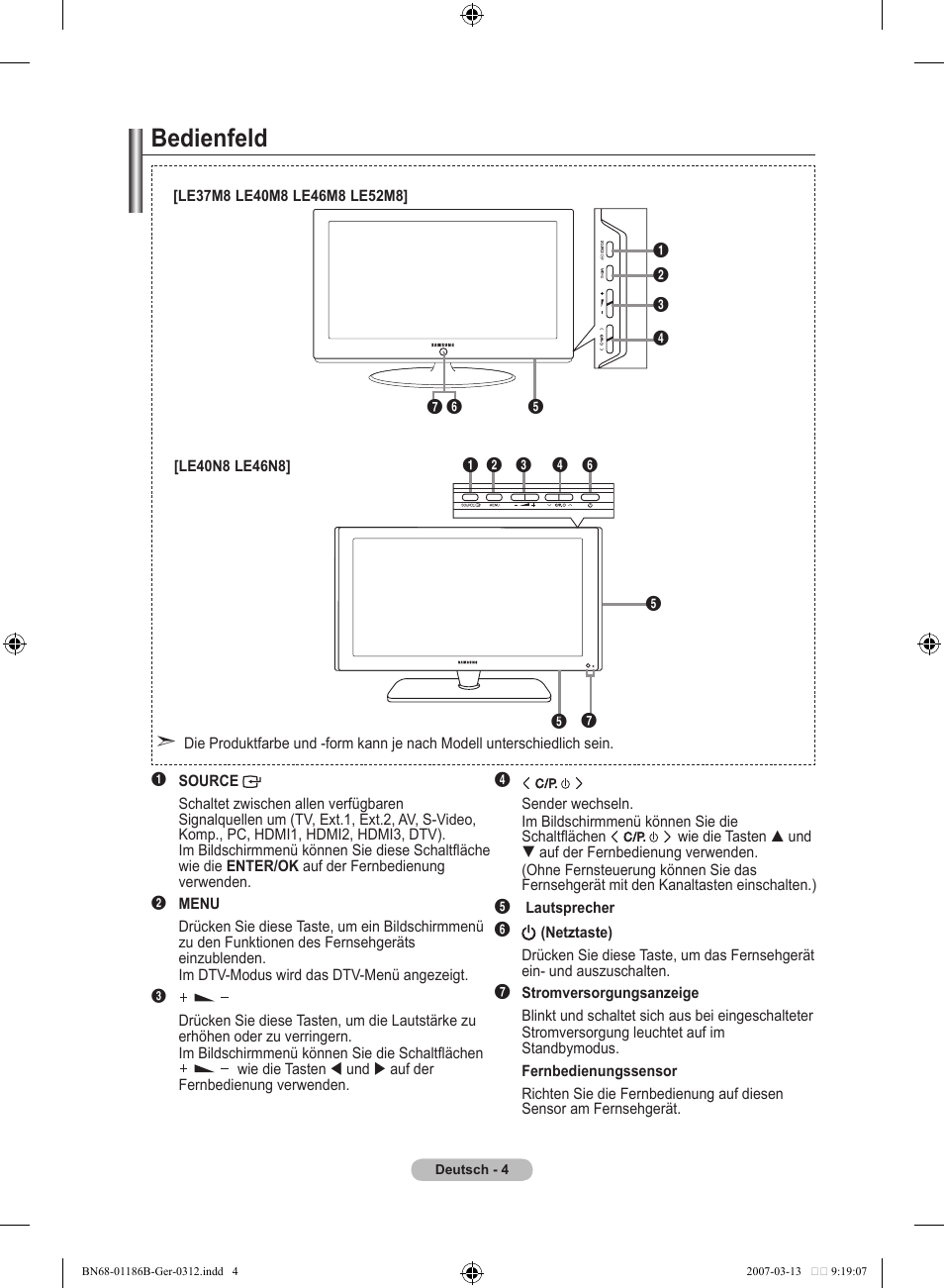Bedienfeld | Samsung LE52M87BD User Manual | Page 130 / 498