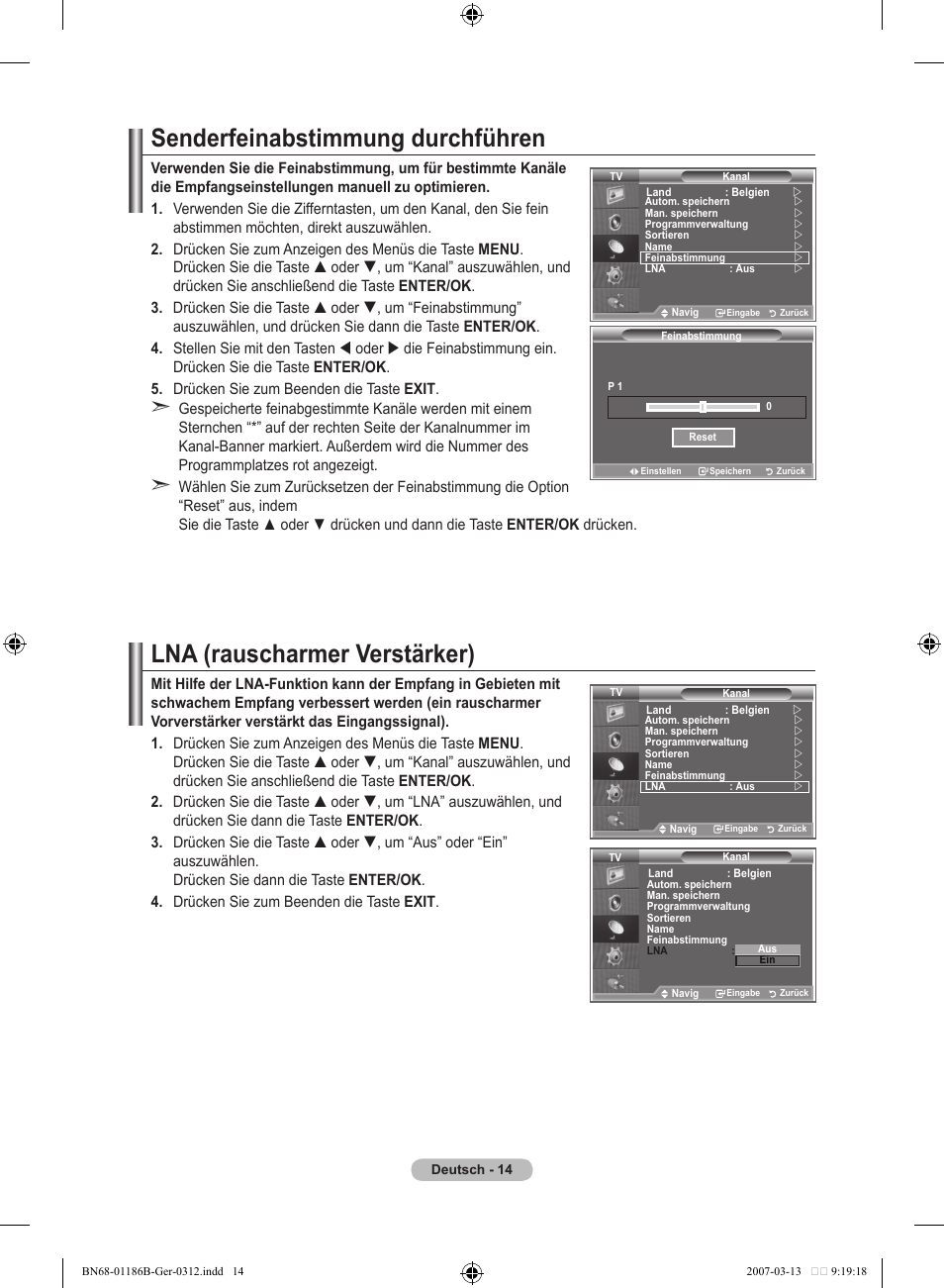 Senderfeinabstimmung durchführen, Lna (rauscharmer verstärker) | Samsung LE52M87BD User Manual | Page 140 / 498