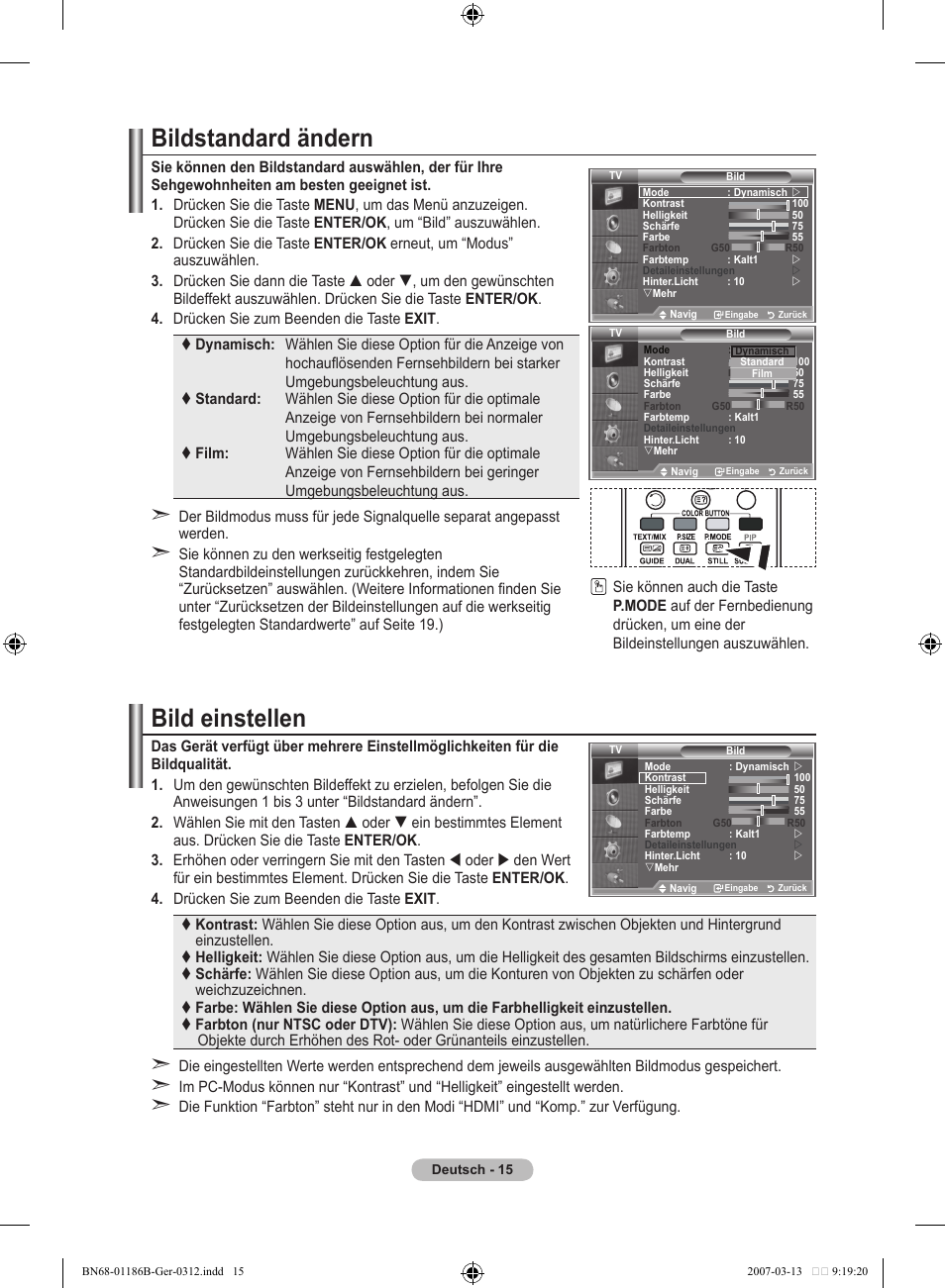 Bildstandard ändern, Bild einstellen | Samsung LE52M87BD User Manual | Page 141 / 498