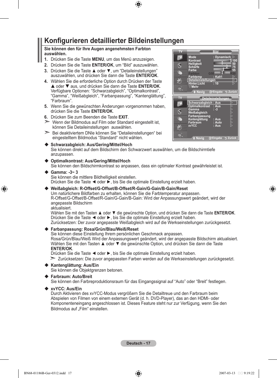 Konfigurieren detaillierter bildeinstellungen | Samsung LE52M87BD User Manual | Page 143 / 498