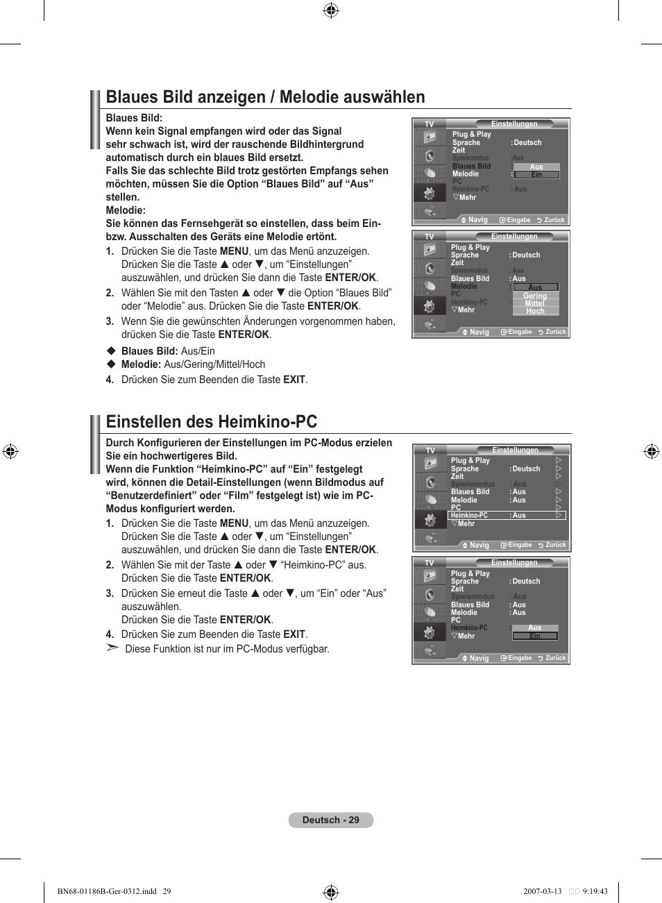 Blaues bild anzeigen / melodie auswählen, Einstellen des heimkino-pc | Samsung LE52M87BD User Manual | Page 155 / 498