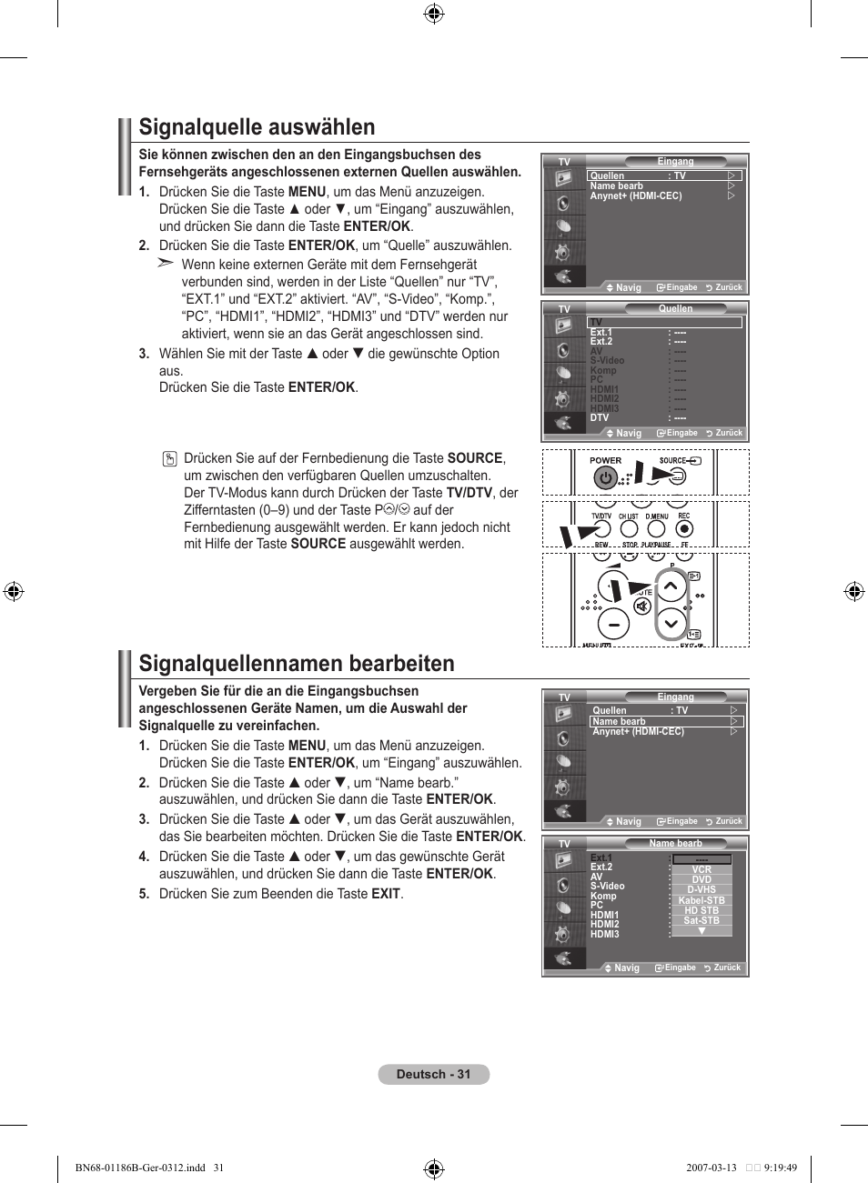 Signalquelle auswählen, Signalquellennamen bearbeiten | Samsung LE52M87BD User Manual | Page 157 / 498