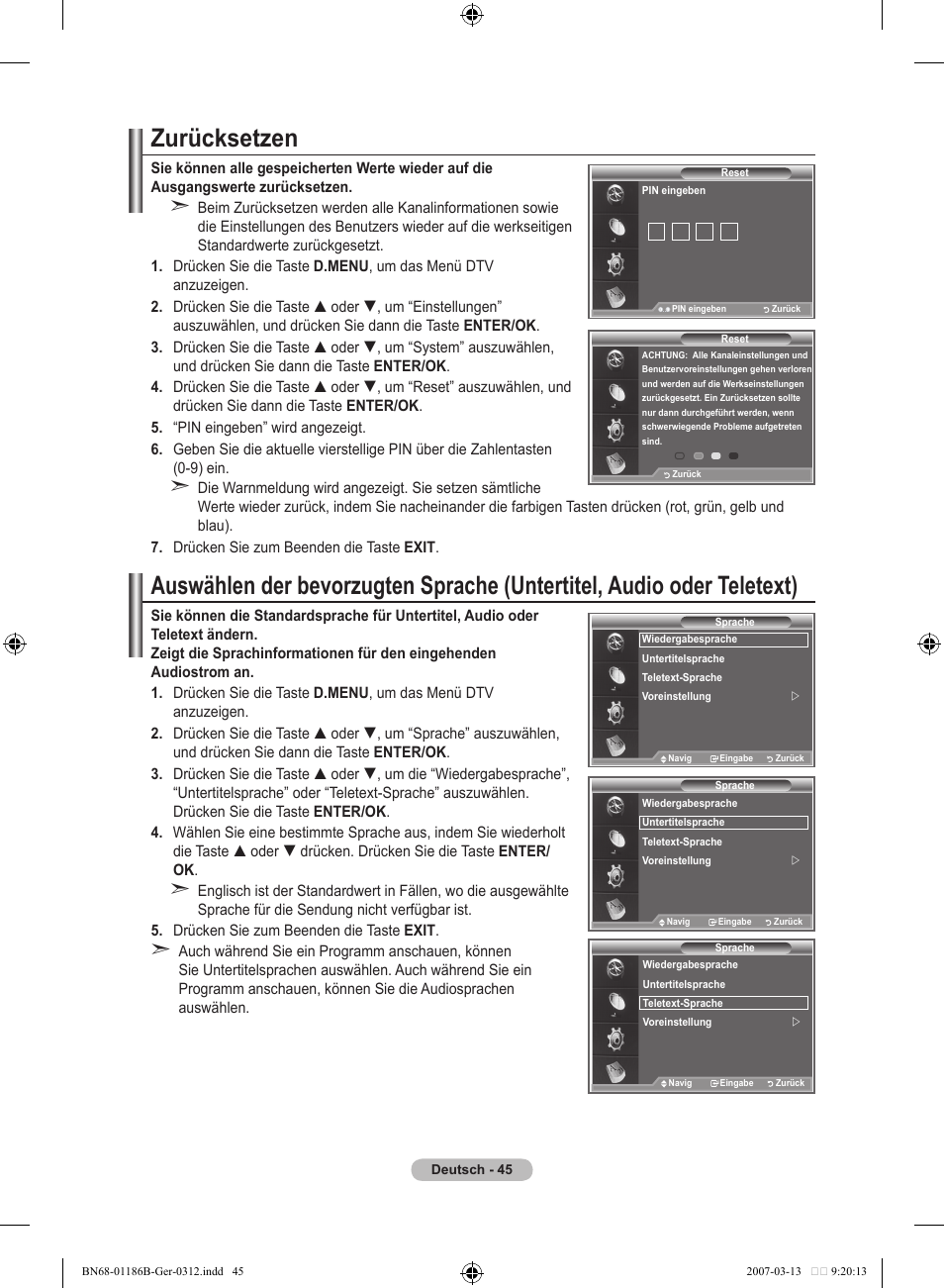 Zurücksetzen | Samsung LE52M87BD User Manual | Page 171 / 498