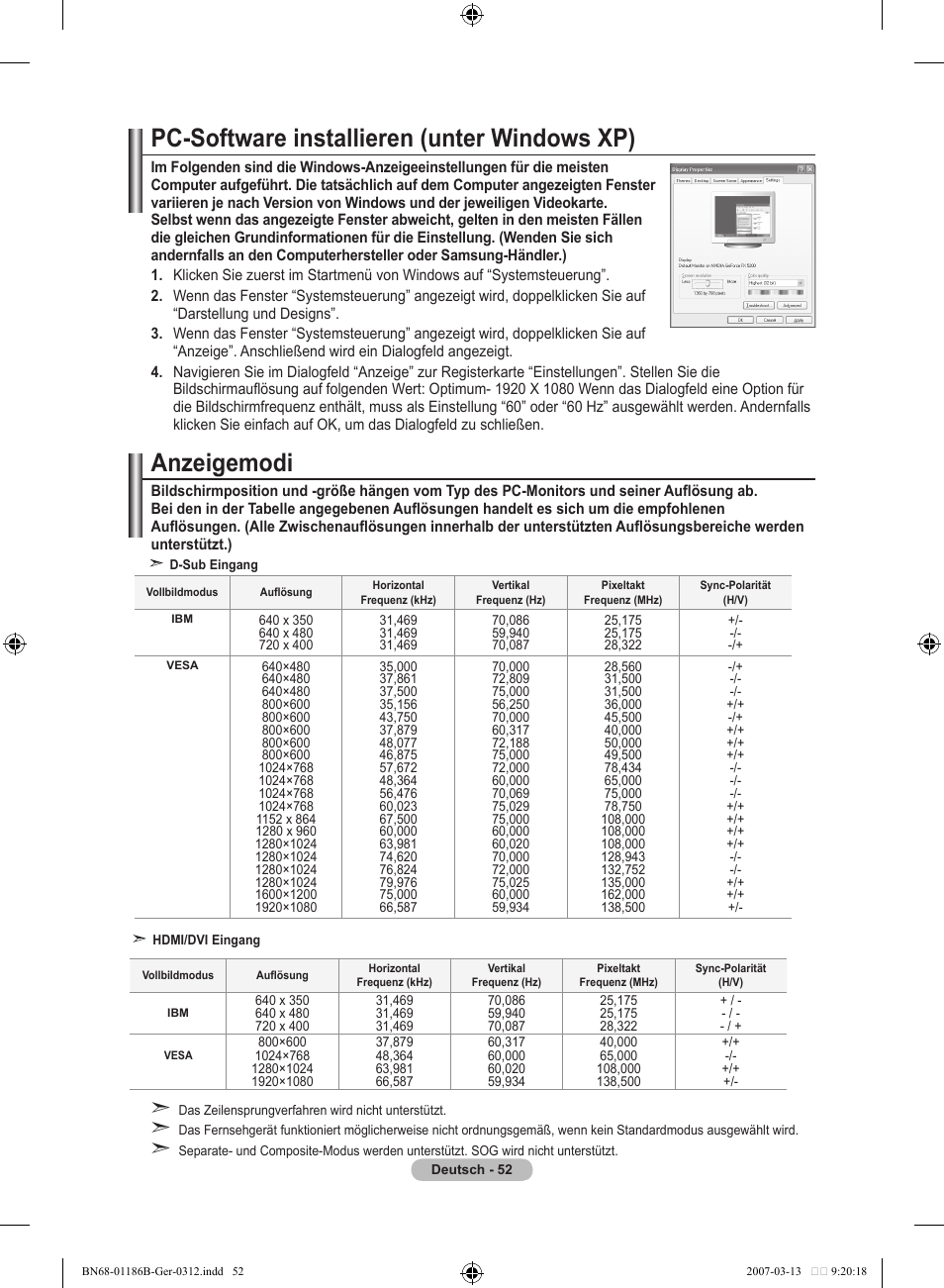 Pc-software installieren (unter windows xp), Anzeigemodi | Samsung LE52M87BD User Manual | Page 178 / 498