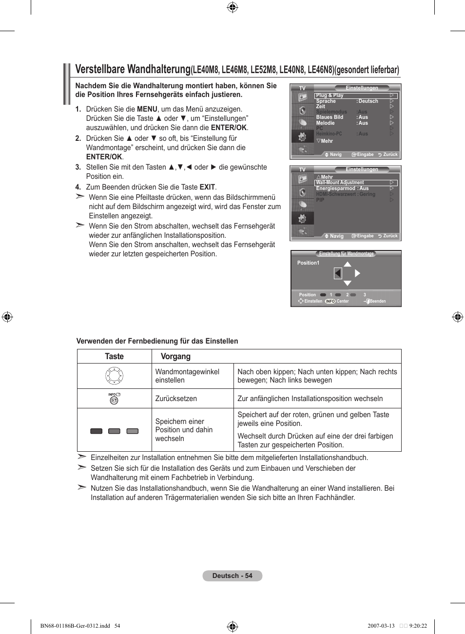 Verstellbare wandhalterung, Taste vorgang | Samsung LE52M87BD User Manual | Page 180 / 498
