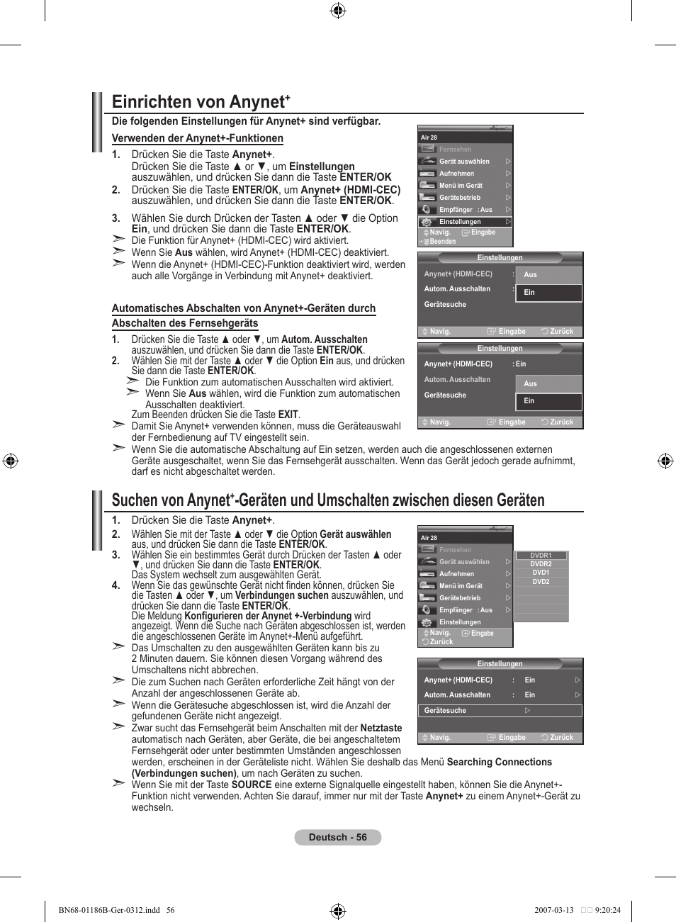 Einrichten von anynet, Suchen von anynet, Geräten und umschalten zwischen diesen geräten | Samsung LE52M87BD User Manual | Page 182 / 498