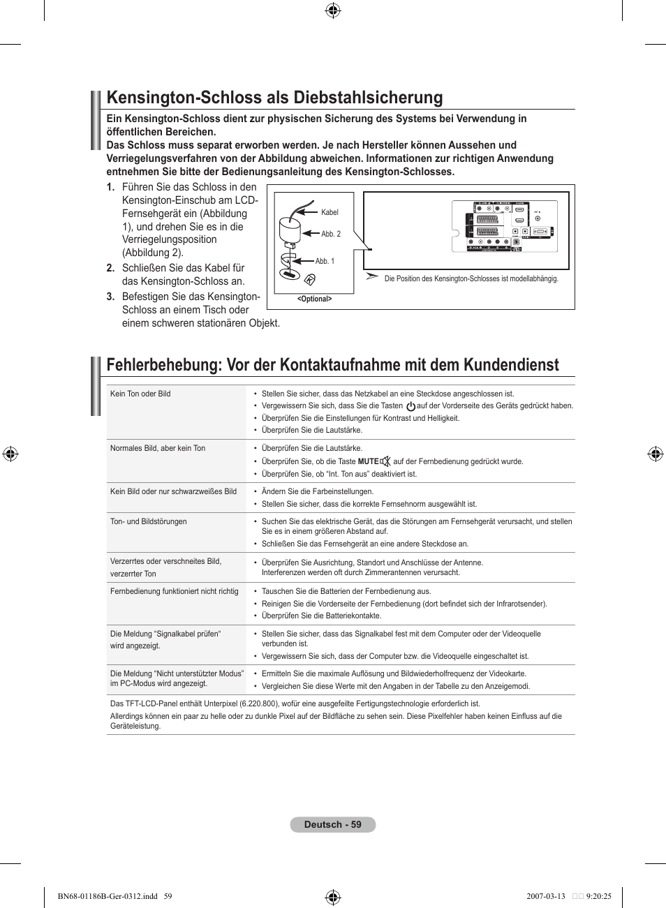 Kensington-schloss als diebstahlsicherung | Samsung LE52M87BD User Manual | Page 185 / 498