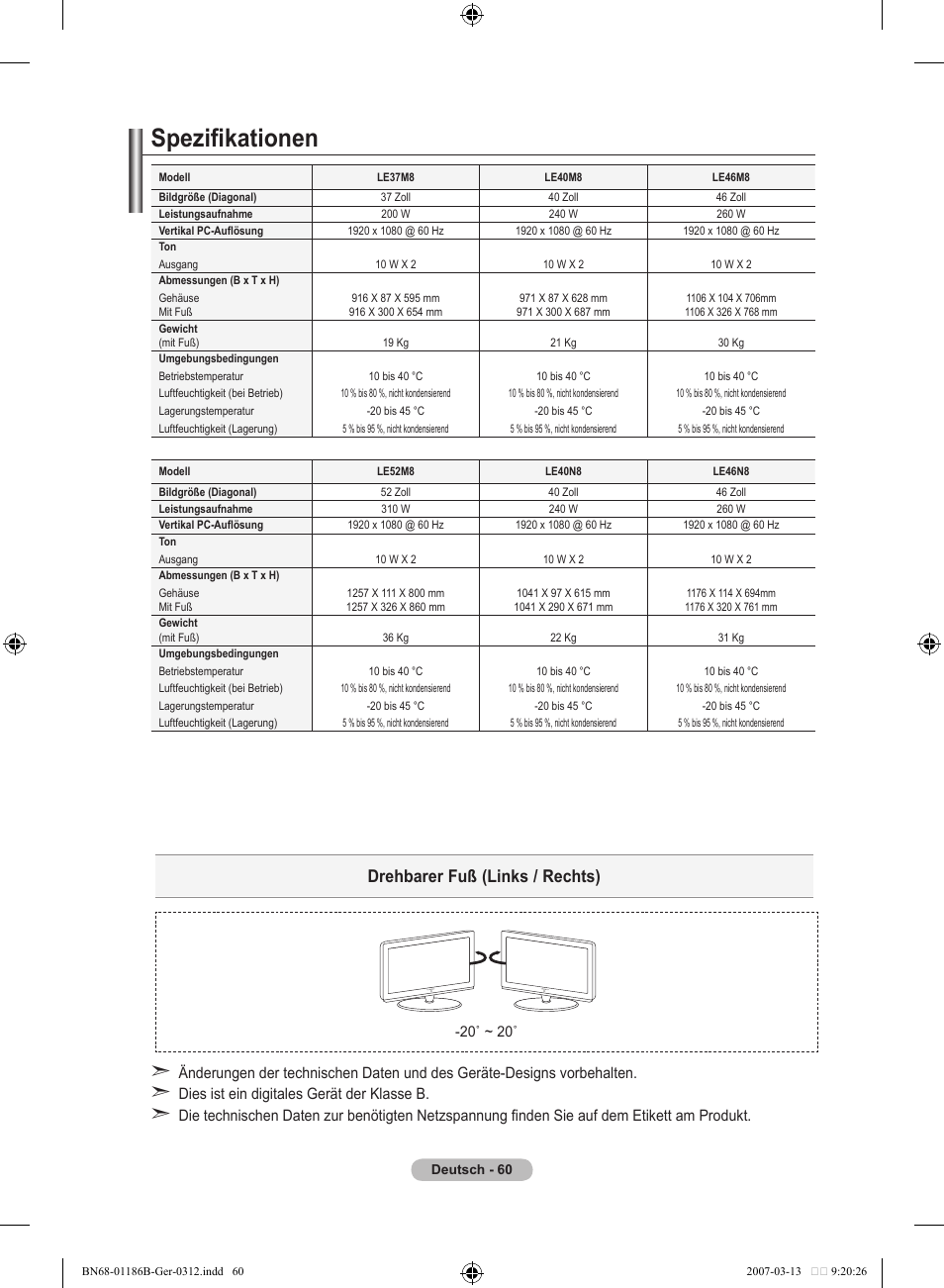 Spezifikationen, Drehbarer fuß (links / rechts) | Samsung LE52M87BD User Manual | Page 186 / 498