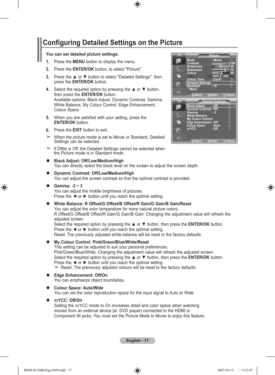 Configuring detailed settings on the picture | Samsung LE52M87BD User Manual | Page 19 / 498