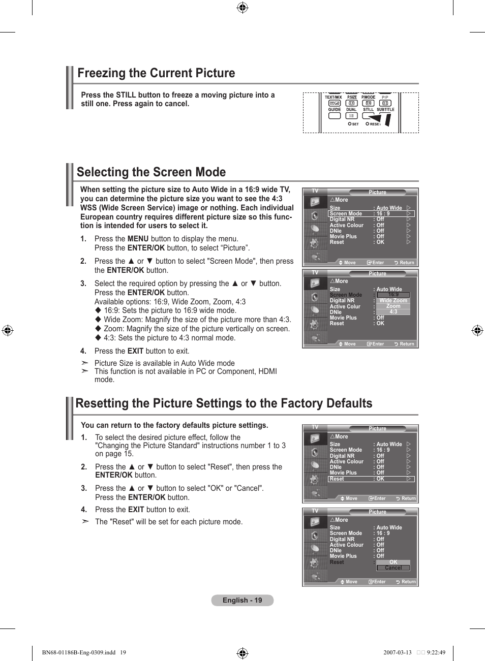 Freezing the current picture, Selecting the screen mode | Samsung LE52M87BD User Manual | Page 21 / 498