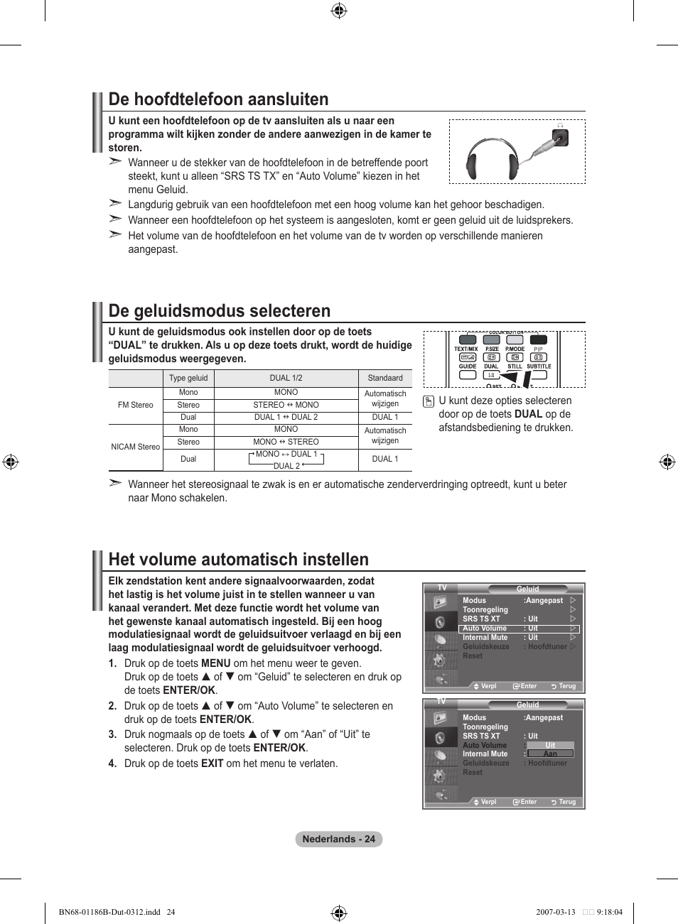 De hoofdtelefoon aansluiten, De geluidsmodus selecteren, Het volume automatisch instellen | Samsung LE52M87BD User Manual | Page 212 / 498
