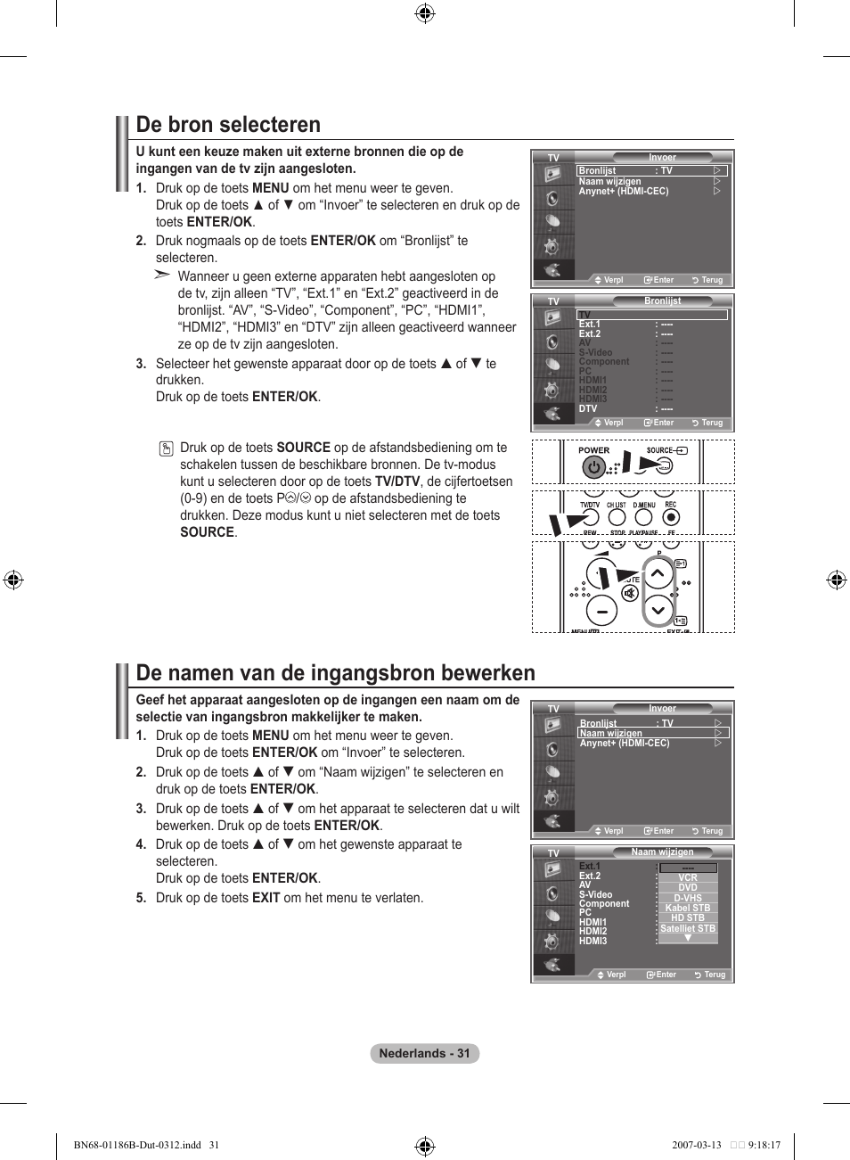 De bron selecteren, De namen van de ingangsbron bewerken | Samsung LE52M87BD User Manual | Page 219 / 498