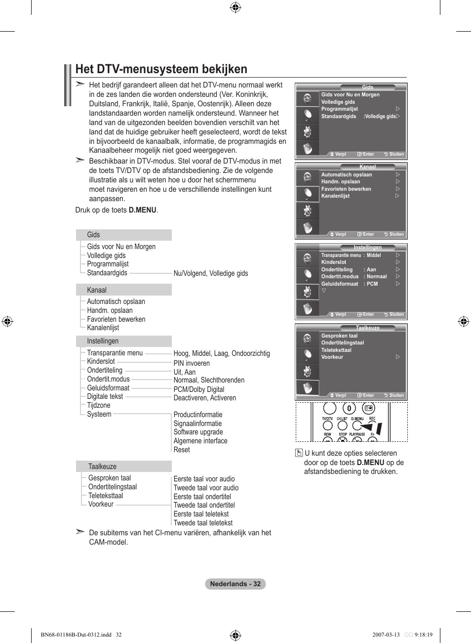 Het dtv-menusysteem bekijken | Samsung LE52M87BD User Manual | Page 220 / 498