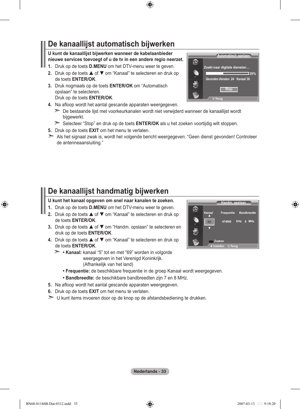 De kanaallijst automatisch bijwerken, De kanaallijst handmatig bijwerken | Samsung LE52M87BD User Manual | Page 221 / 498