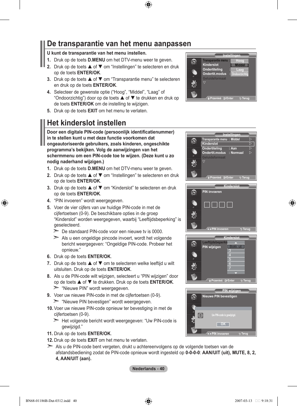 De transparantie van het menu aanpassen, Het kinderslot instellen | Samsung LE52M87BD User Manual | Page 228 / 498